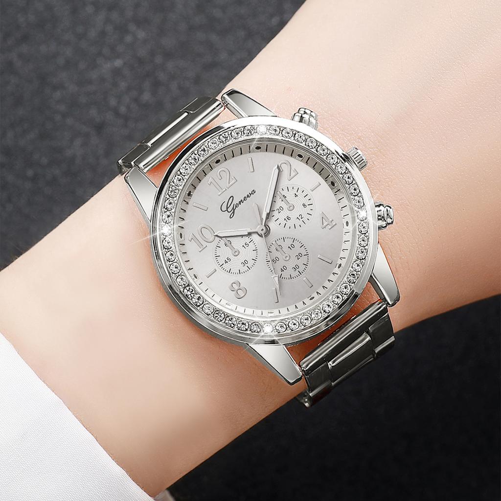 Leisure Women's Watch Three Eyes Stainless Steel Strap Fashion Women's Quartz Watch Gold Silver 2PCs Watch Set