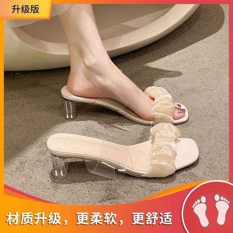 Sandals Women's Outer Wear Summer New 2025 Crystal Transparent Thick Heel French Sandals Slippers Summer High Heels Women