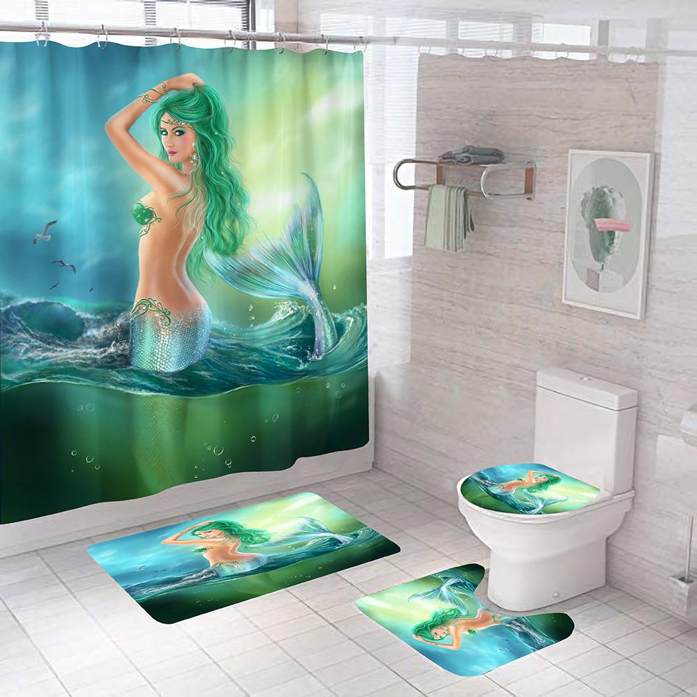 Sexy Mermaid Print Shower Curtains Set High Quality Bathroom Curtain Set Anti-Slip Bath Rug Mat Soft Carpet Toilet Lid Cover