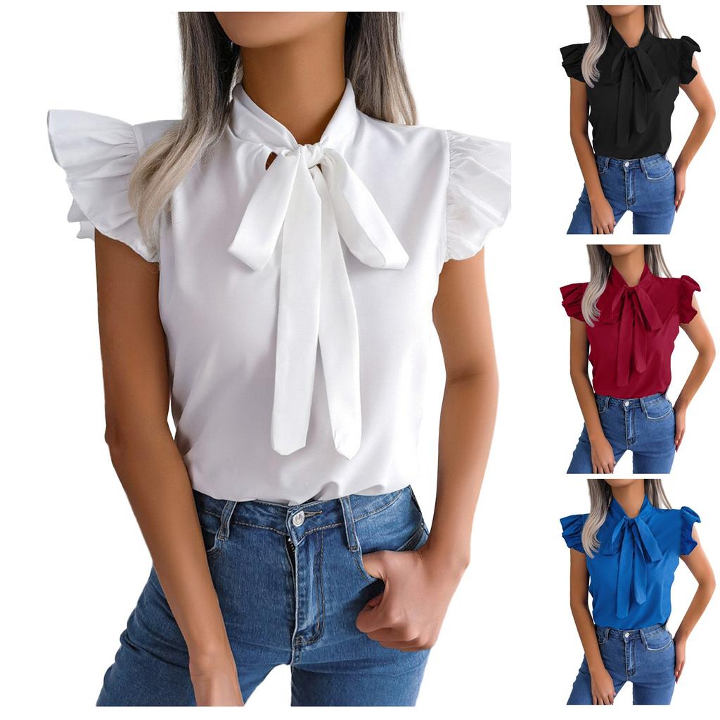 Women's Color Bowknot Short Sleeve Shirt