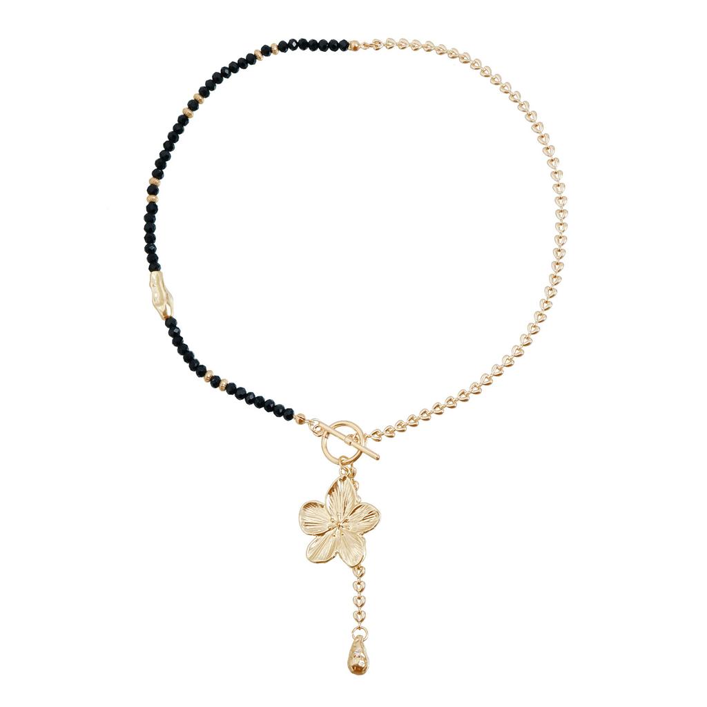 Niche Design Black and Gold Contrasting Color Necklace Ins Splicing Flower Pendant V-shaped Collarbone Chain