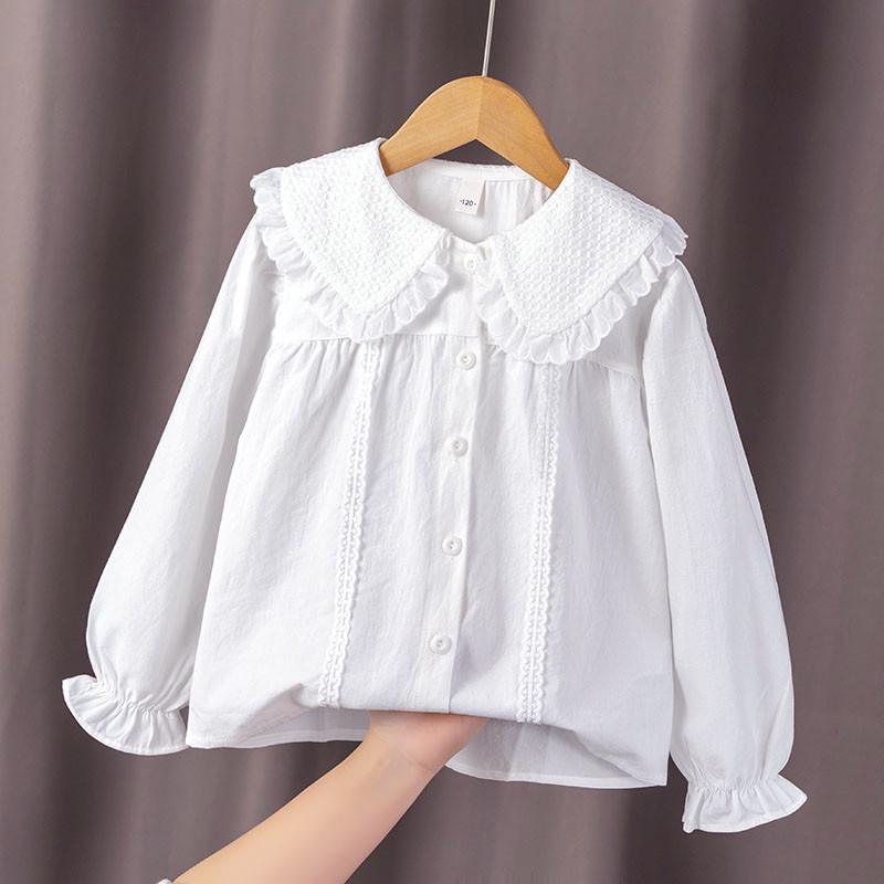 2024 Spring/Autumn Girls' White Cotton Shirt, Turn-Down Collar, Fashionable Student Top