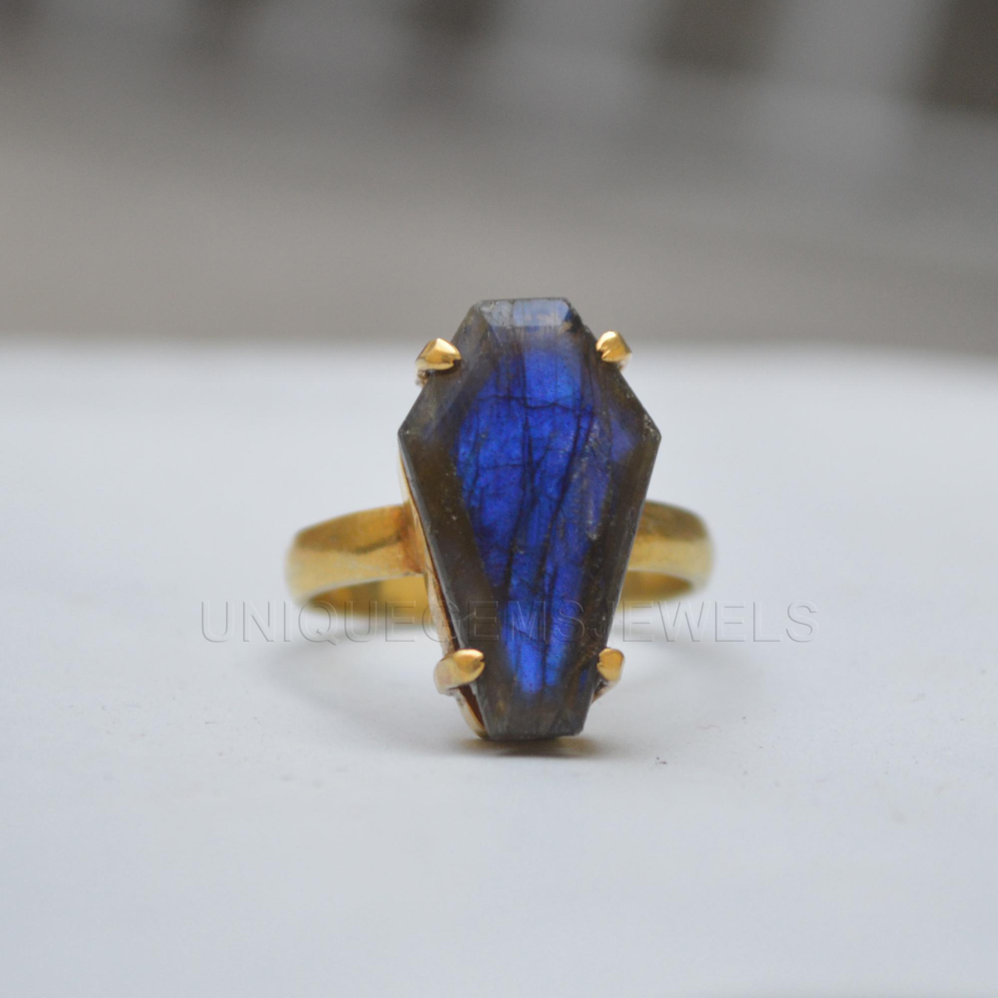 

Coffin Shape Labradorite 925 Sterling Silver 14K Yellow Gold Overlay Ring Jewelry, Handmade Birthstone Gift Labradorite Ring Jewelry 10 золотий
