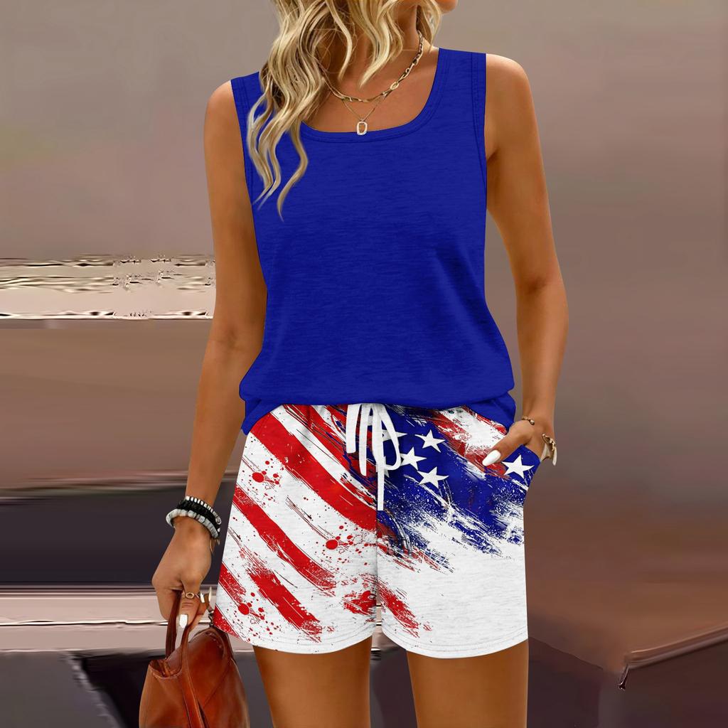 Women Summer Casual Two Piece Set Sleeveless Tank Top Square Neck Vest and Shorts with Pockets Lightweight Comfortable Fit
