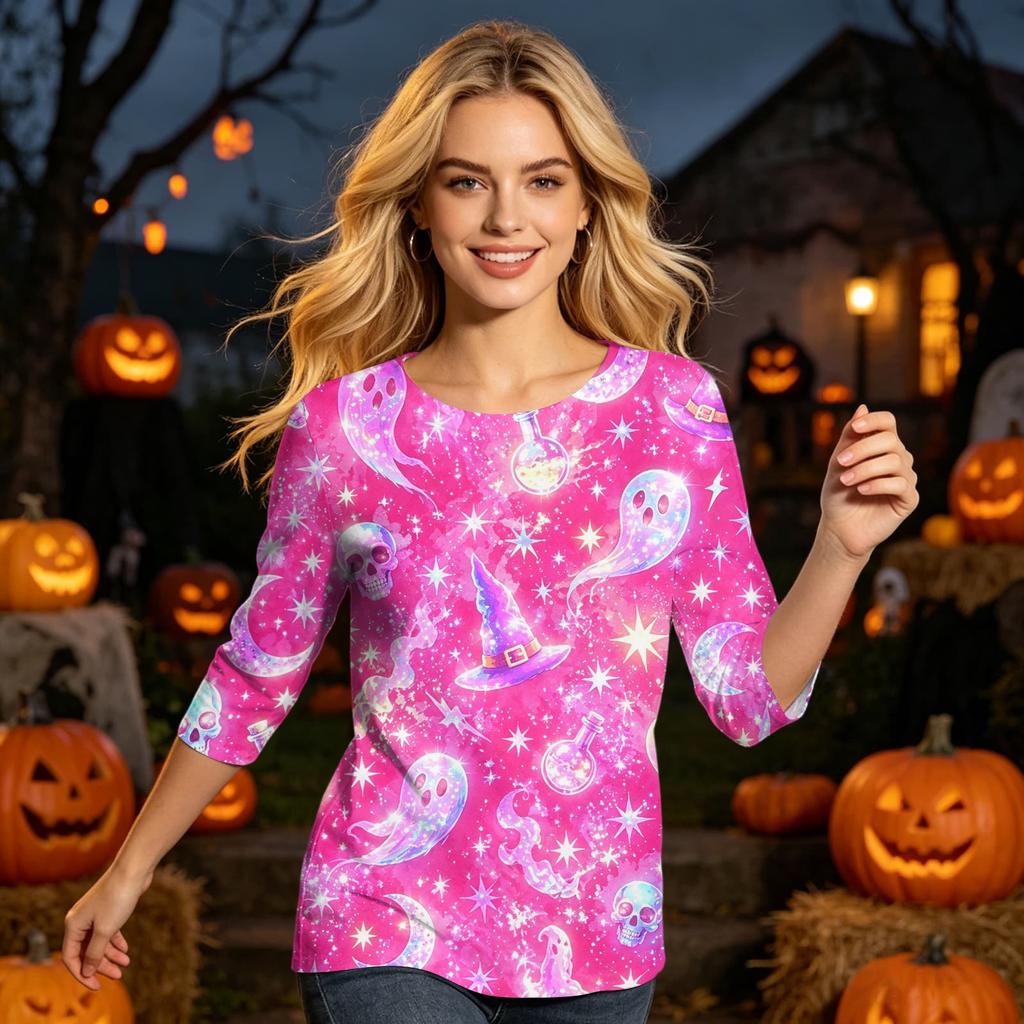 Womens Casual Halloween Print Round Neck Three Quarter Sleeve Top Lightweight Soft Fabric Pullover Shirt for Everyday Wear