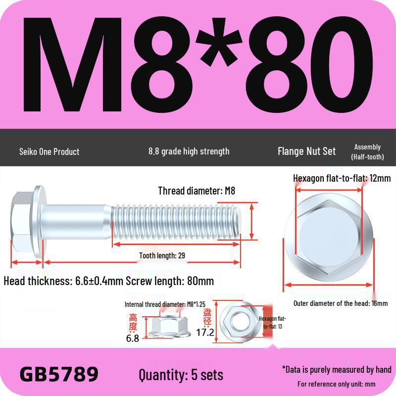 8.8 Grade Hex Flange Bolt and Nut Set with Anti-slip Washer: M5, M6, M8, M10 Assortment