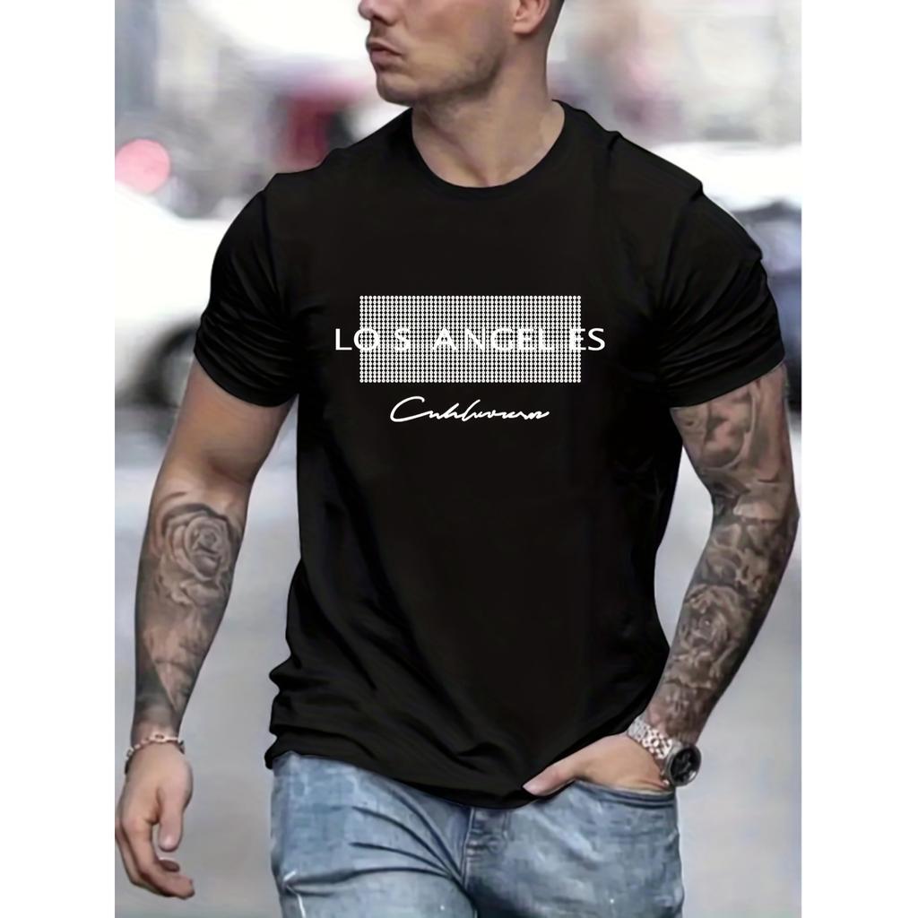 Herren Los Angeles Grafik Kurzarm T-Shirt 100% Baumwolle Stretchiges Freizeit-Tee mit auffälligem Textdruck Rundhals Sommer