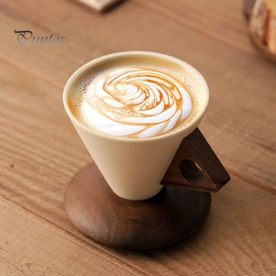 Ergonomic Coffee Cup Cone & Saucer Set Mid-Century Modern Mug with Wooden Vintage Style Handle Handcrafted Ceramic Latte Home Cafe Decor Gift