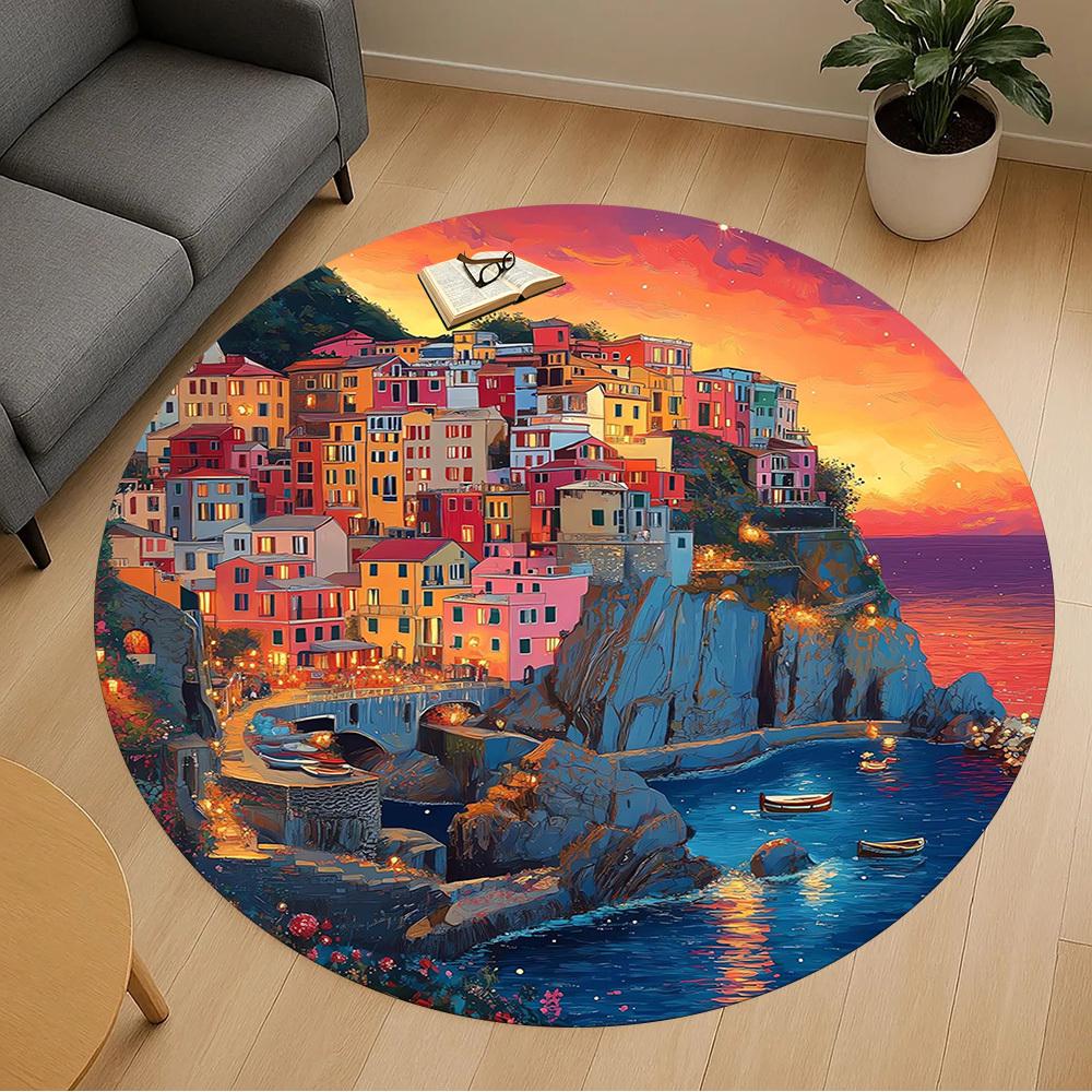 1pc Coastal Town Sunset Pattern Office Round Rugs, Under Chair Round Rugs for Living Room, Bedroom, Bathroom Decoration Carpet 091823