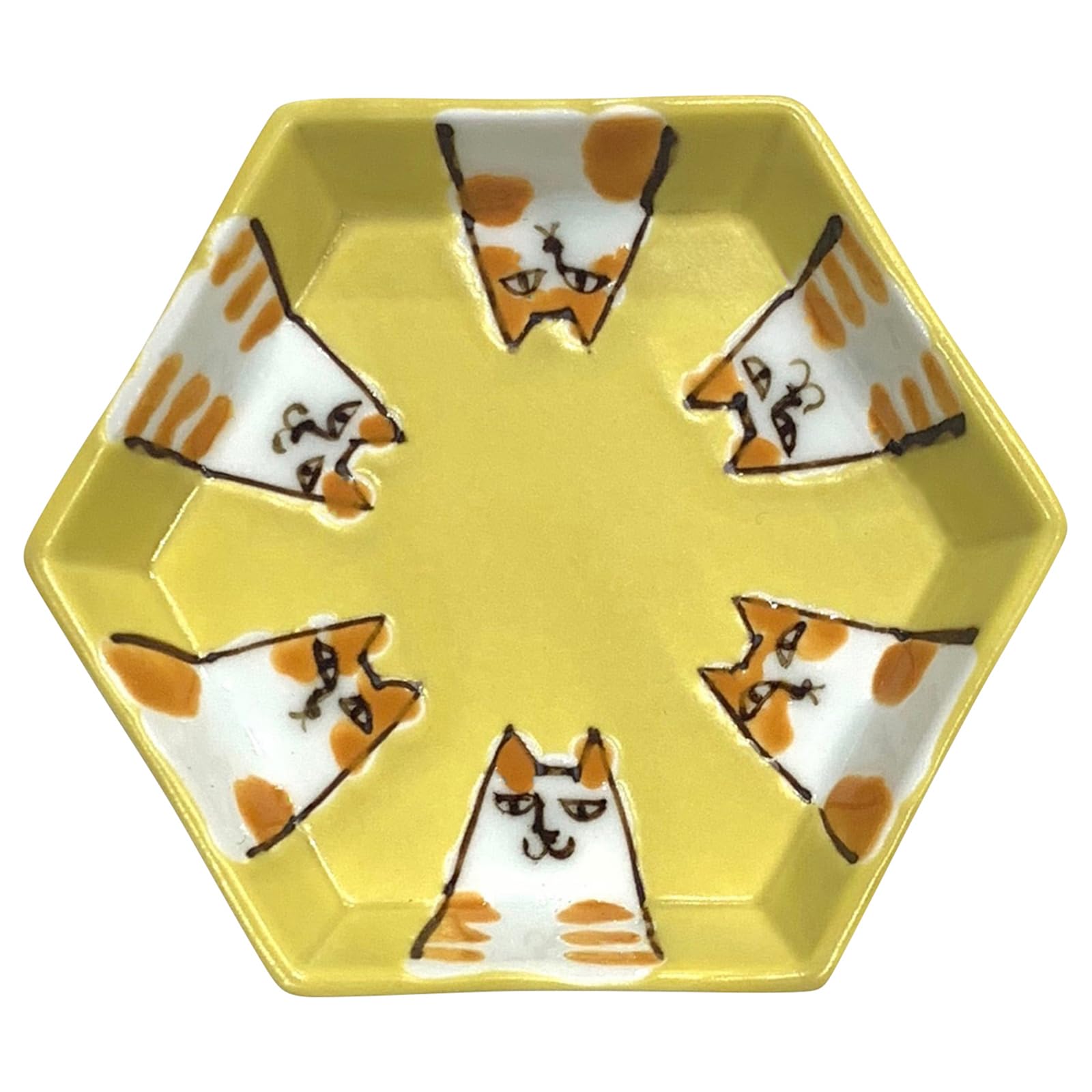 24to3 Nishitomi Ceramics Arita Ware Small Rokuneko Made in 477451 Plate, Approx. 10cm, Hexagonal, Design, Yellow, Japan,