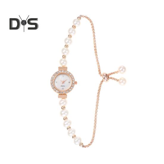

Женские часы с браслетом из искусственного жемчуга, регулируемый ремешок, круглый циферблат со стразами, женские повседневные наручные часы для торжественного платья, кварцевые модные ювелирные изделия, аксессуары розового золота