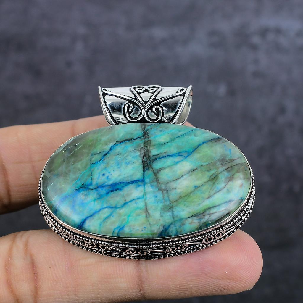 Natural Chrysocolla Gemstone 925 Sterling Silver Jewelry Pendant 1.77" P4u24