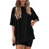 Women's Summer Two-Piece Set Casual Oversized Crewneck Split Hem Shirts Side Pocket Biker Shorts Matching Airport Travel