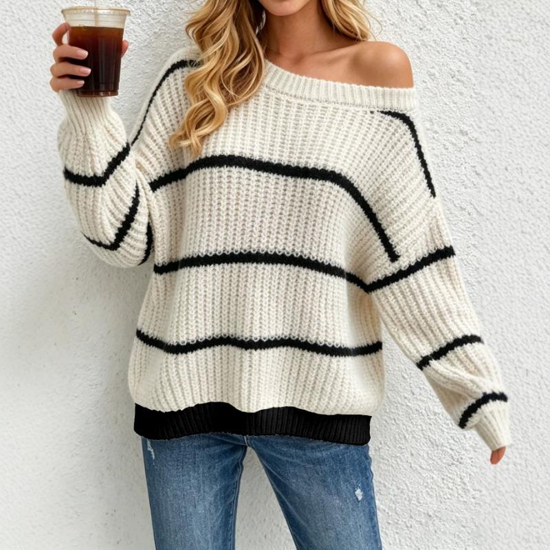 Women Casual Off Shoulder Knit Sweater Loose Fit Long Sleeve Pullover
