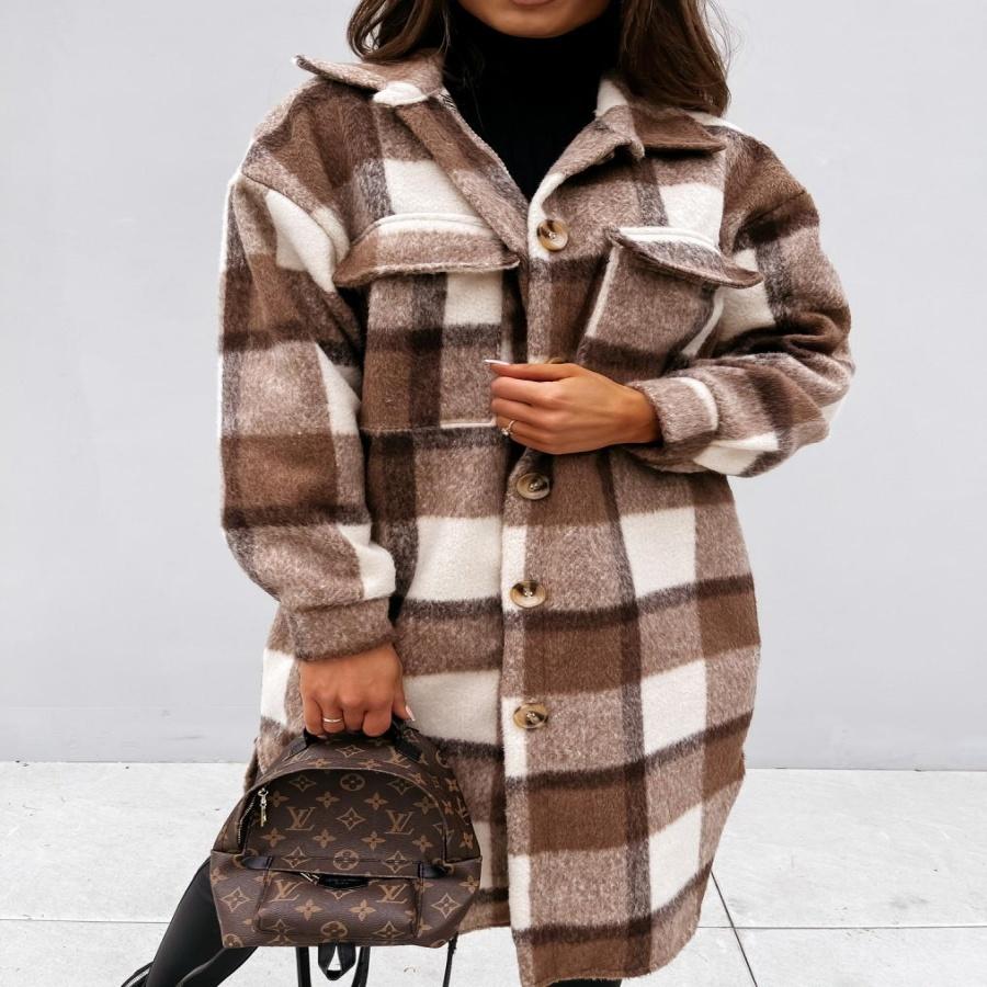 Women Plaid Long Woolen Coat Fashion Long Sleeve Button Lapel Office Ladies Mid-length Coat