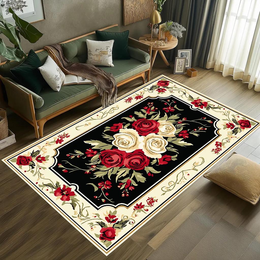 Vintage Květinový Růžový Oblastní Koberec Protiskluzové Koberce pro Domácí Obývací Pokoj Kuchyň Ložnice Koberec Pratelné v Pračce Podlahová Rohož