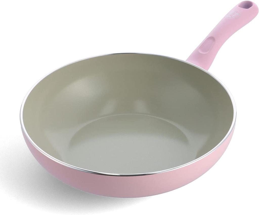 Greenpan Green Chef Deep Wok Induction Interior and and Easy To Earthy Quartz Pink Pan, 28cm, Compatible, Ceramic-Coated Exterior, Non-Stick Clean,