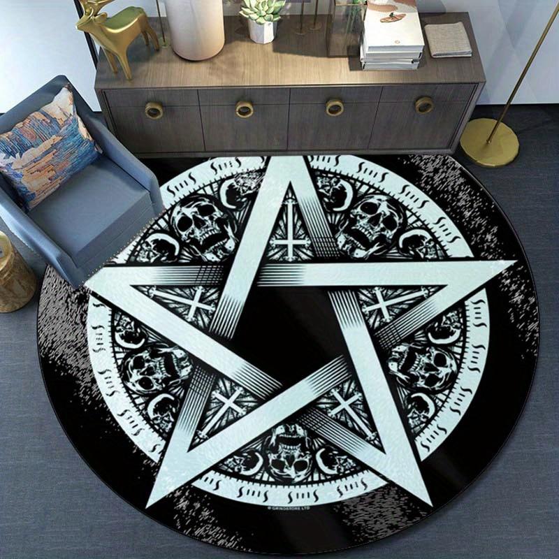 1pc Witchcraft Pentagon Skull Print Non-slip Round Rug - Polyester Crystal Velvet Chair Cushion for Living Room, Bedroom