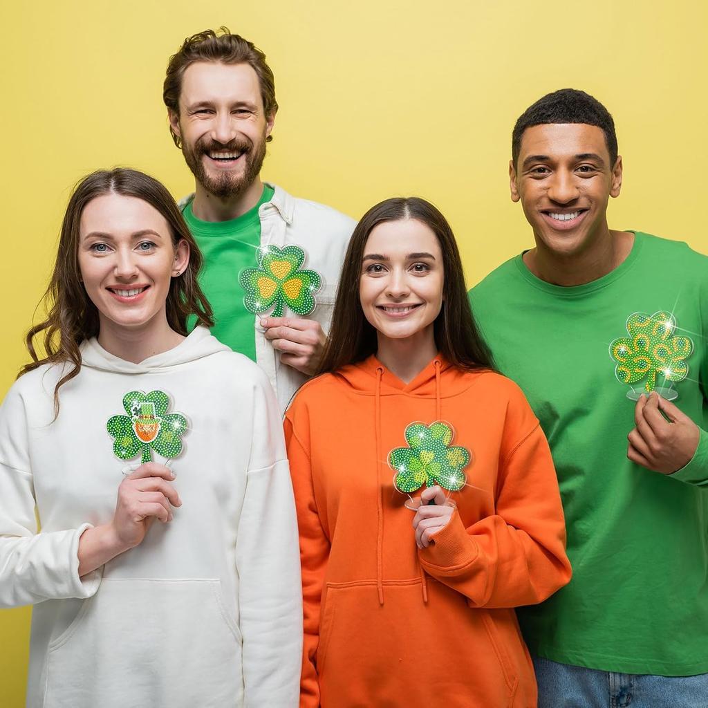 DoubleFill 9 Pcs St. Patrick's Day Diamond Painting Table Decor Double Sided Shamrock Diamond Art Kit Tabletop Signs Glow in The Dark Irish Green