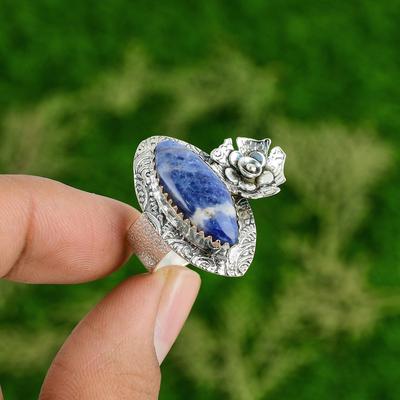 Natürlicher Sodalith Edelstein Mehrstein Blumenring Größe 6.75 925 Sterlingsilber