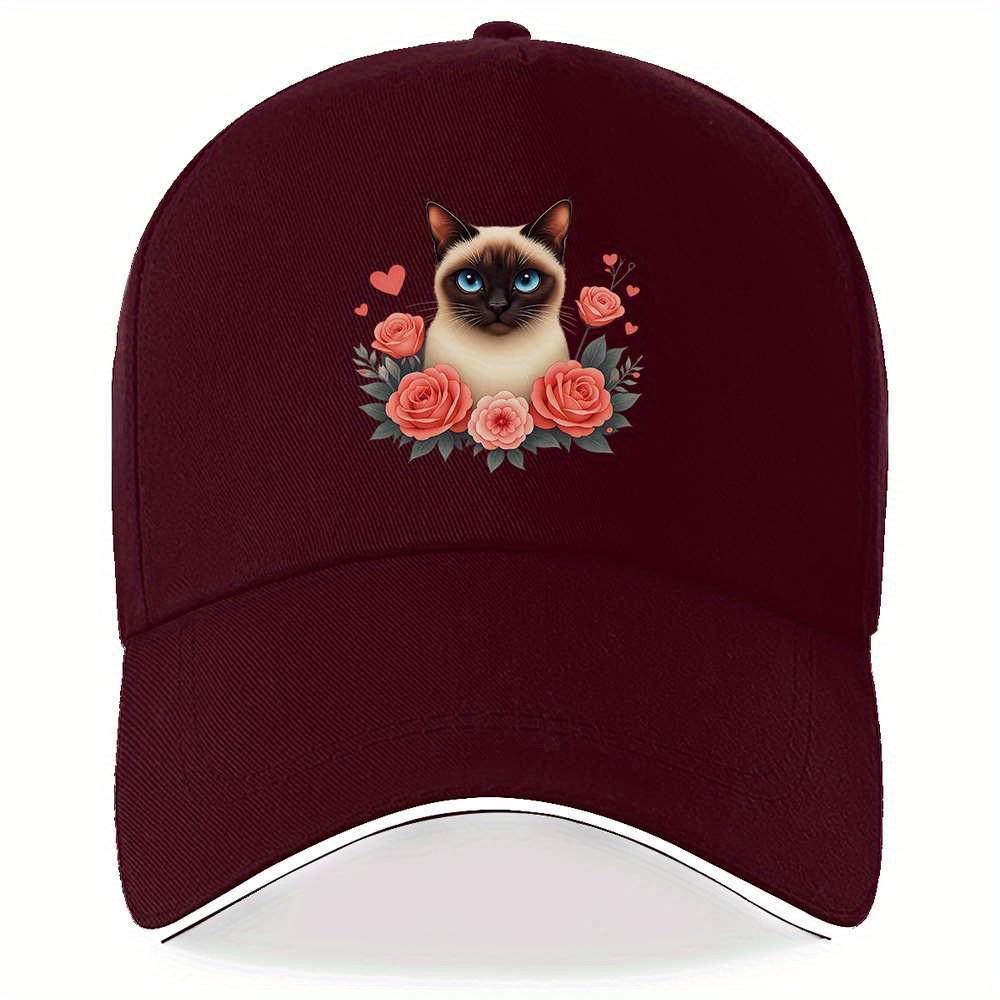 

Siamese Cat Rose Flower Print Baseball Cap Polyester Adjustable Outdoor Sports Running Golf Cap for Unisex One Size