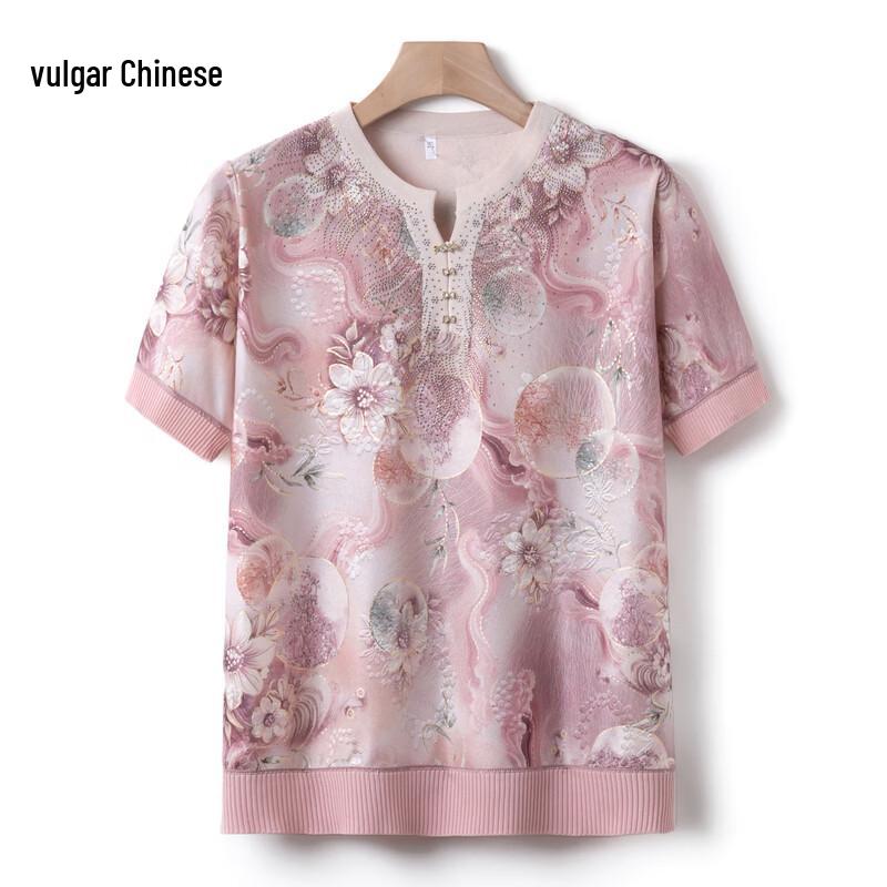 Women s Summer Floral Ice Silk Knit Short Sleeve Top XL