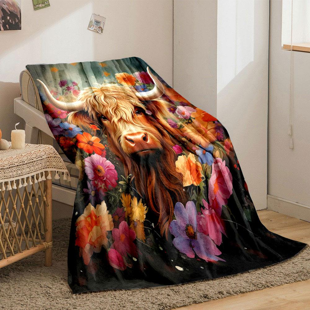 Highland Cow Floral Blanket bedroom Blanket for Livingroom Couch lunch break Soft throw for Friend's festival Gift