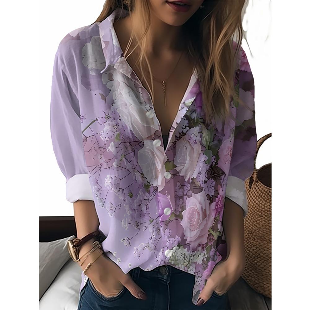 Sommer Minimalistisches Hemd mit Digitalem Blumenprint Knopfleistenhemd Oberteil für Damen Hawaiianischer Strandurlaub Lässiges Hemd