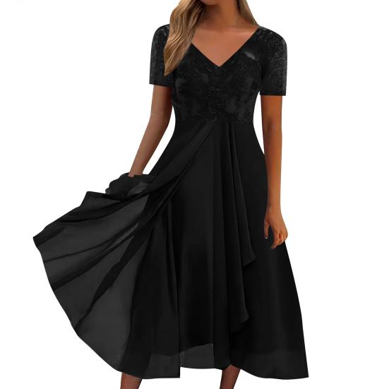 V-Ausschnitt Kurzarm Tailleneng Hochtailliert Abendkleid Elegant Stickerei Spitze Floral