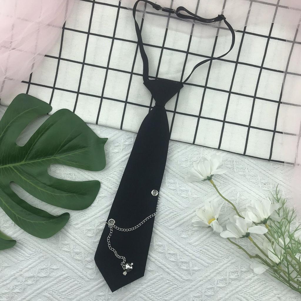 Japanese Gothic Black Neck Tie with Metal Chain Tassel School Student Pre-Tied Adjustable Necktie for Uniforms