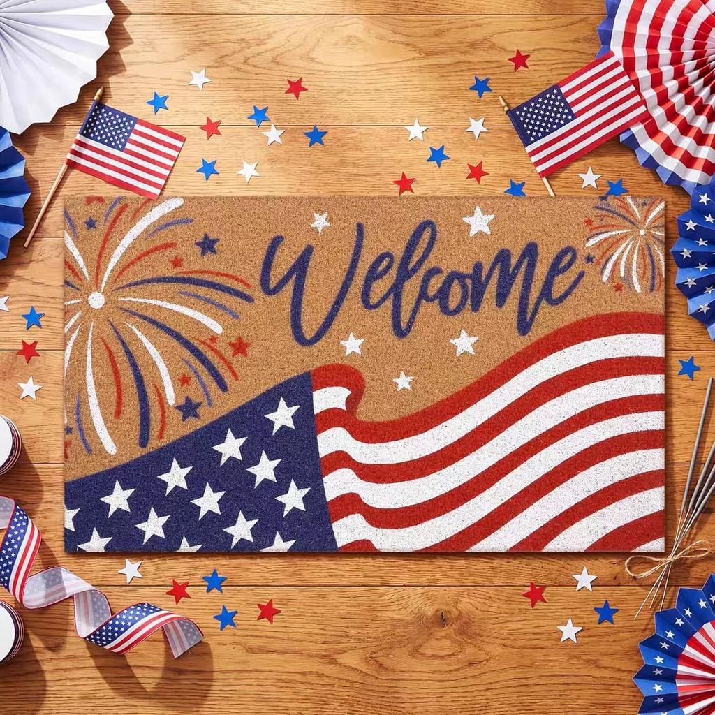Door Mat Outdoor USA Red White Blue Welcome Rug Patriotic Mat Non-Slip Independence Day Freedom Memorial Day Indoor Entrance Outside Porch Front Decor