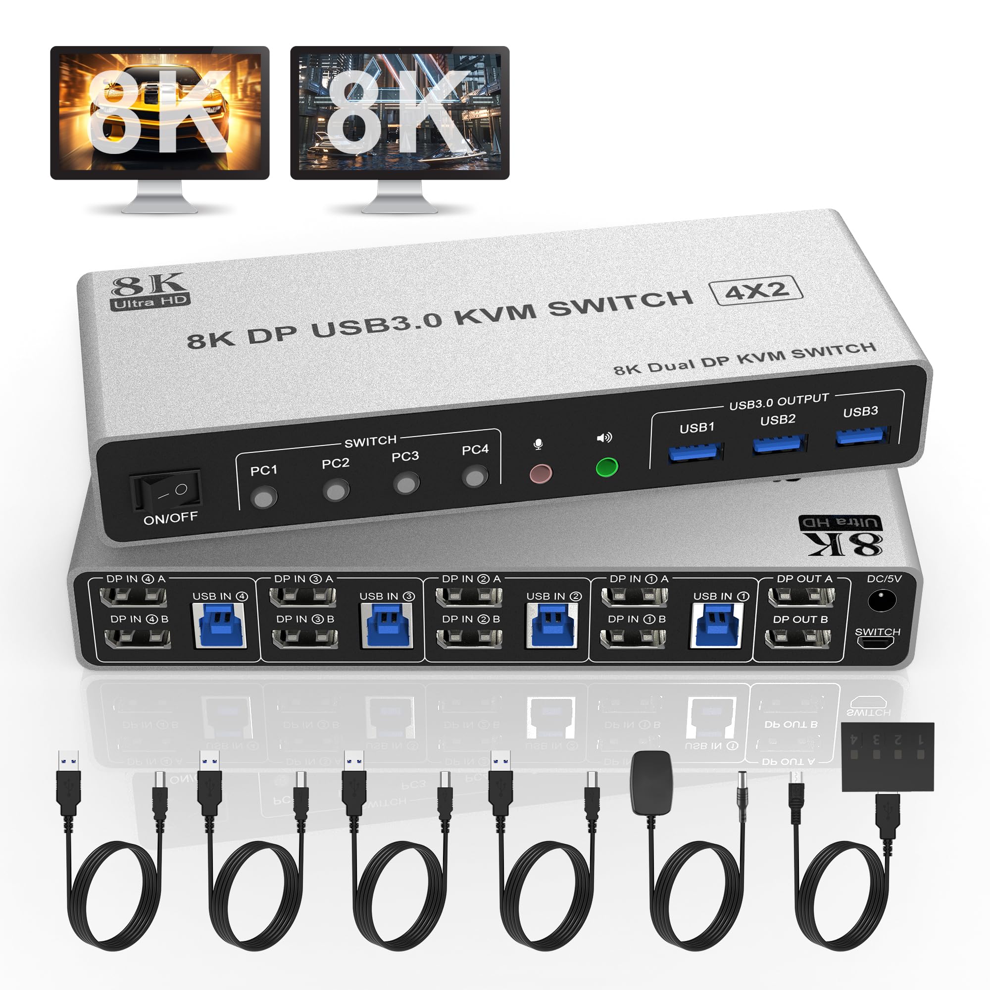 

DisplayPort USB KVM-коммутатор с двумя мониторами Переключатель дисплеев 2 монитора DisplayPort 4 ПК-сплиттера Аудиовыход микрофона и 3 USB DisplayPort с двумя мониторами