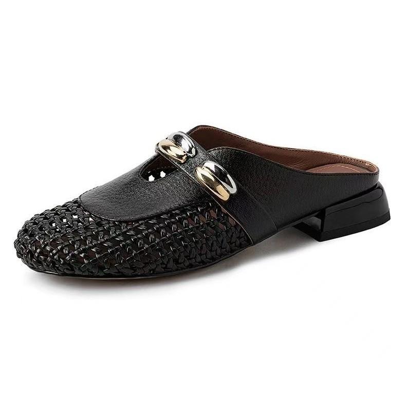 2025 new French retro square head hollow woven thick heel single shoes women's one-pedal bag head casual half slippers women