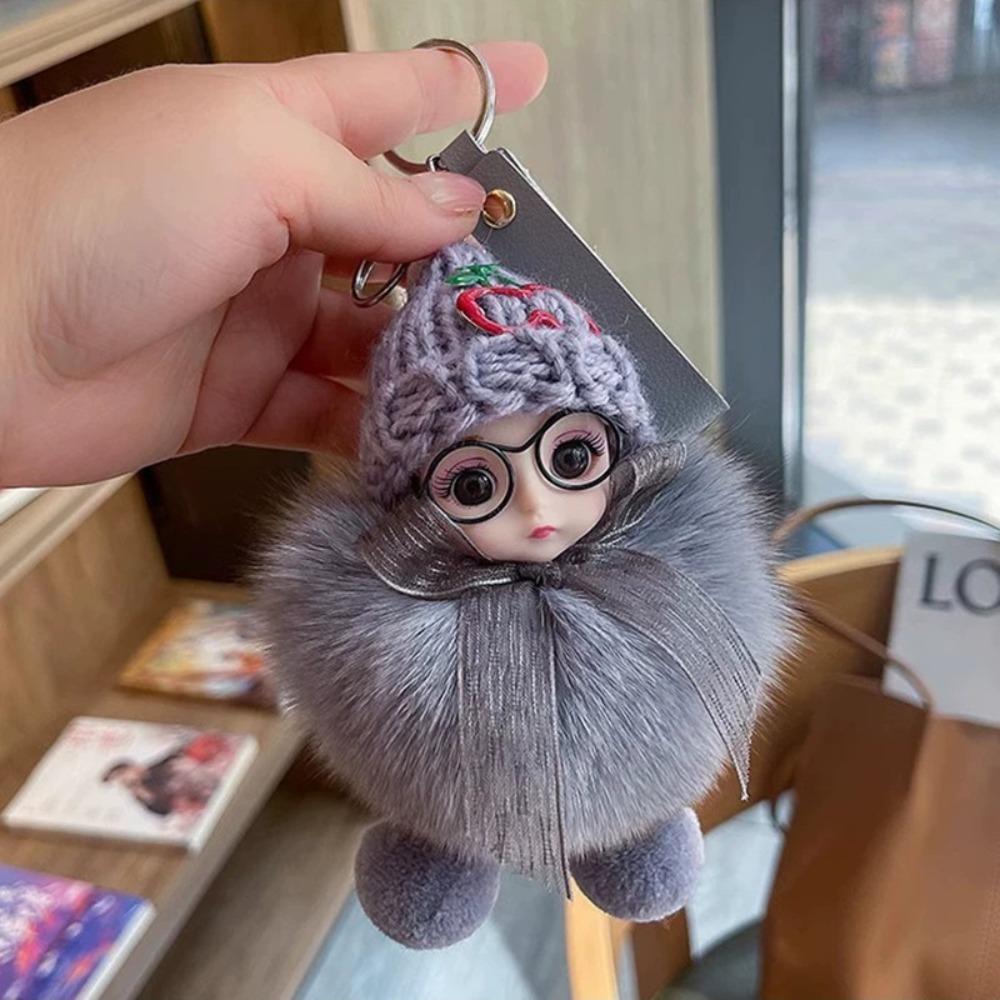 Eye Glass Doll Pompom Doll Keyring Real Fur Ball Baby Doll Ball Key Chain  Bag Pendant