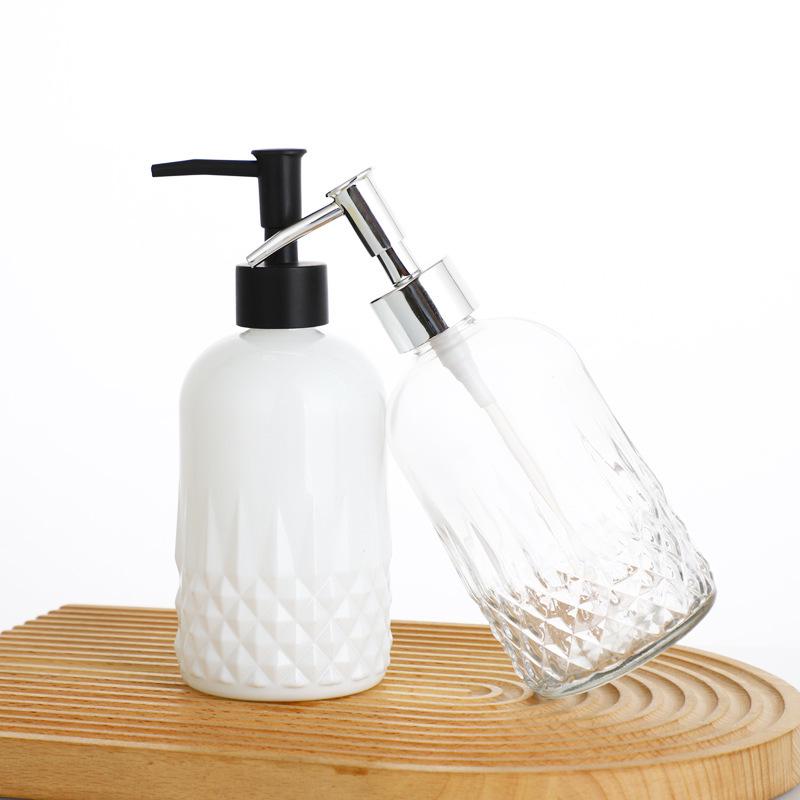 Transparente Glasflasche zum Drücken für Shampoo, Duschgel und Handdesinfektionsmittel - Wiederbefüllbar, Hotelqualität