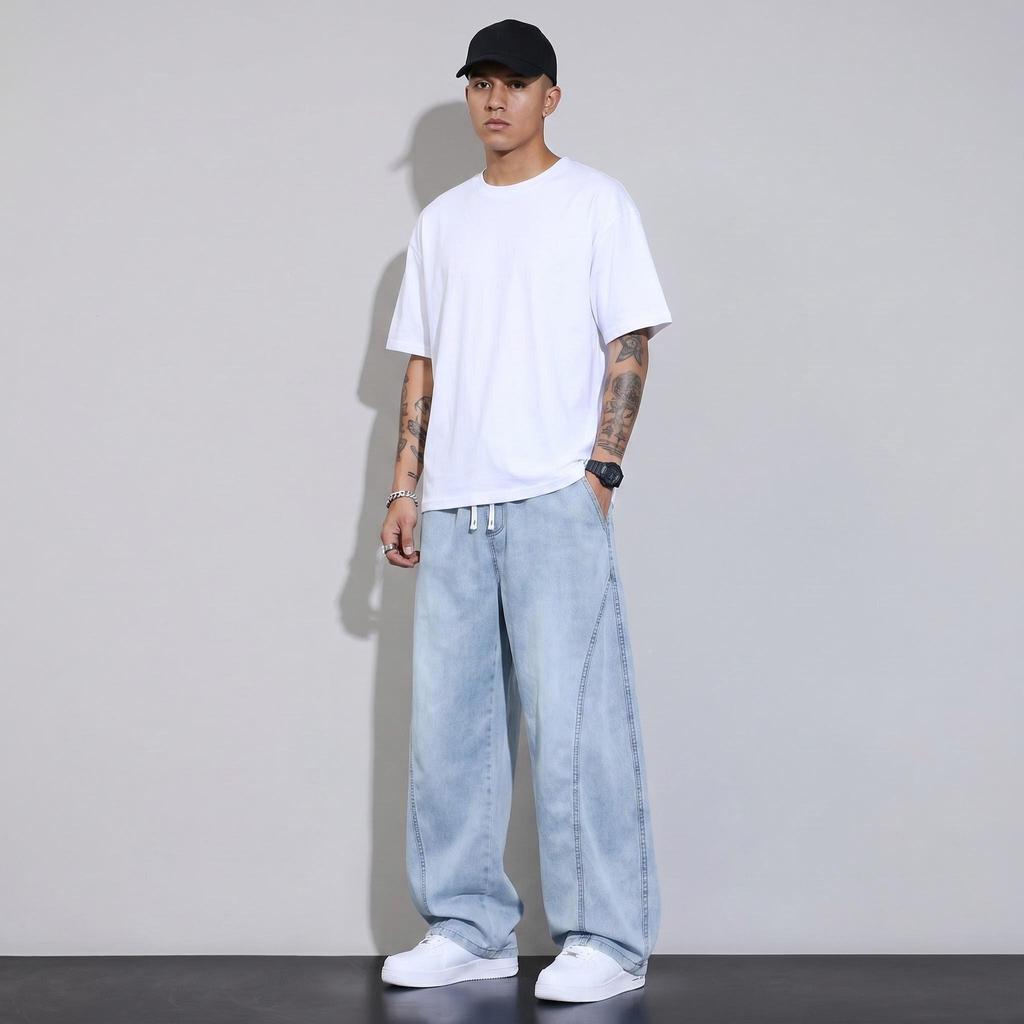 2026 Spring Summer New Men's Loose Straight Pants Wide Leg Long Trousers Streetwear Trendy Quick Drying Breathable Denim Jeans