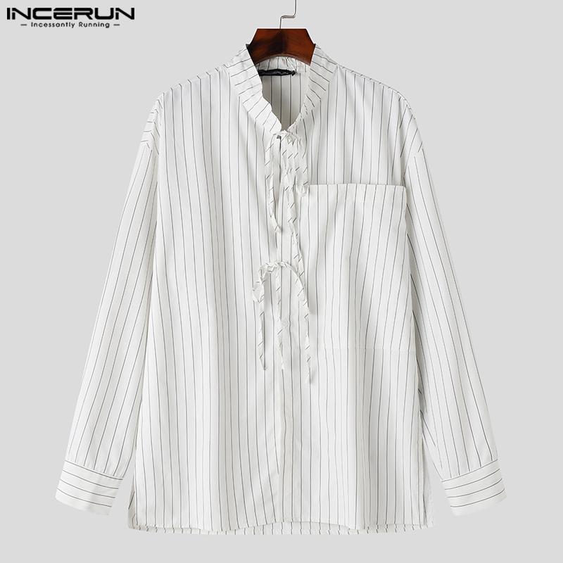 INCERUN Podzimní pánské stojací límeček s dlouhým rukávem pruhované košile Bagge Bandage Tops
