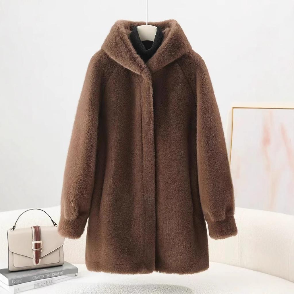 Fur-like One-piece Fur Coat for Women Imitation Mink Hooded Young Mid-length Outerwear