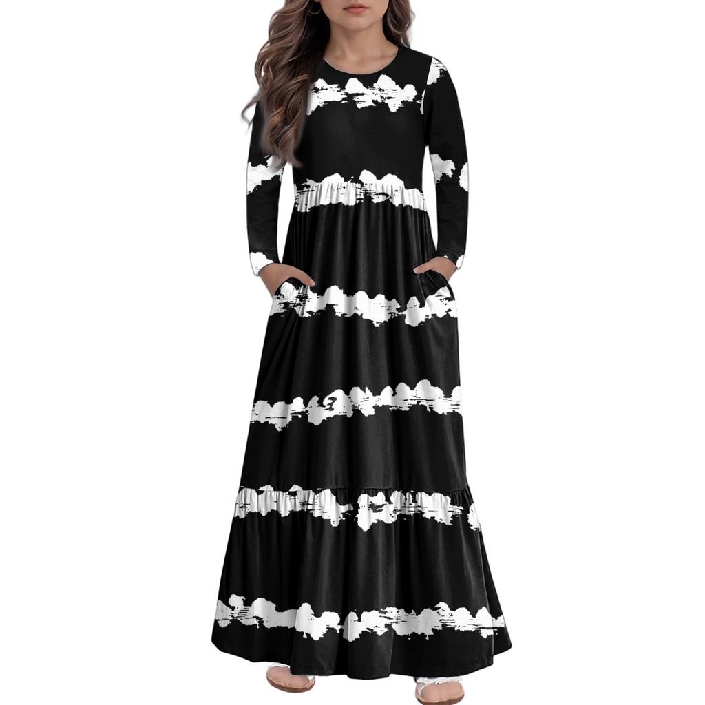 Maxikleid für Mädchen, lässige Urlaubskleider - Langarmkleid mit Taschen für 4-14J