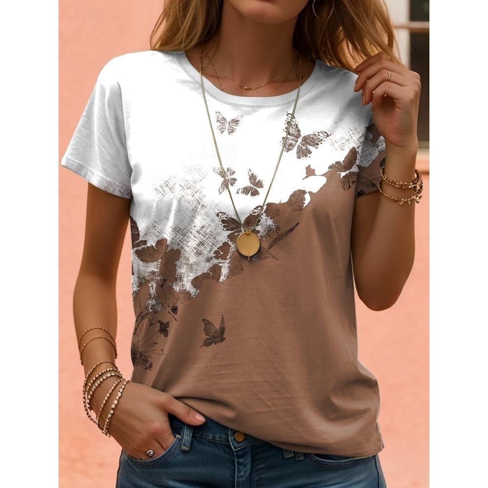 Fashionable summer butterfly diagonal seam 3D printed T-shirt for women's street leisure Harajuku T women's round neck T-shirt clothing