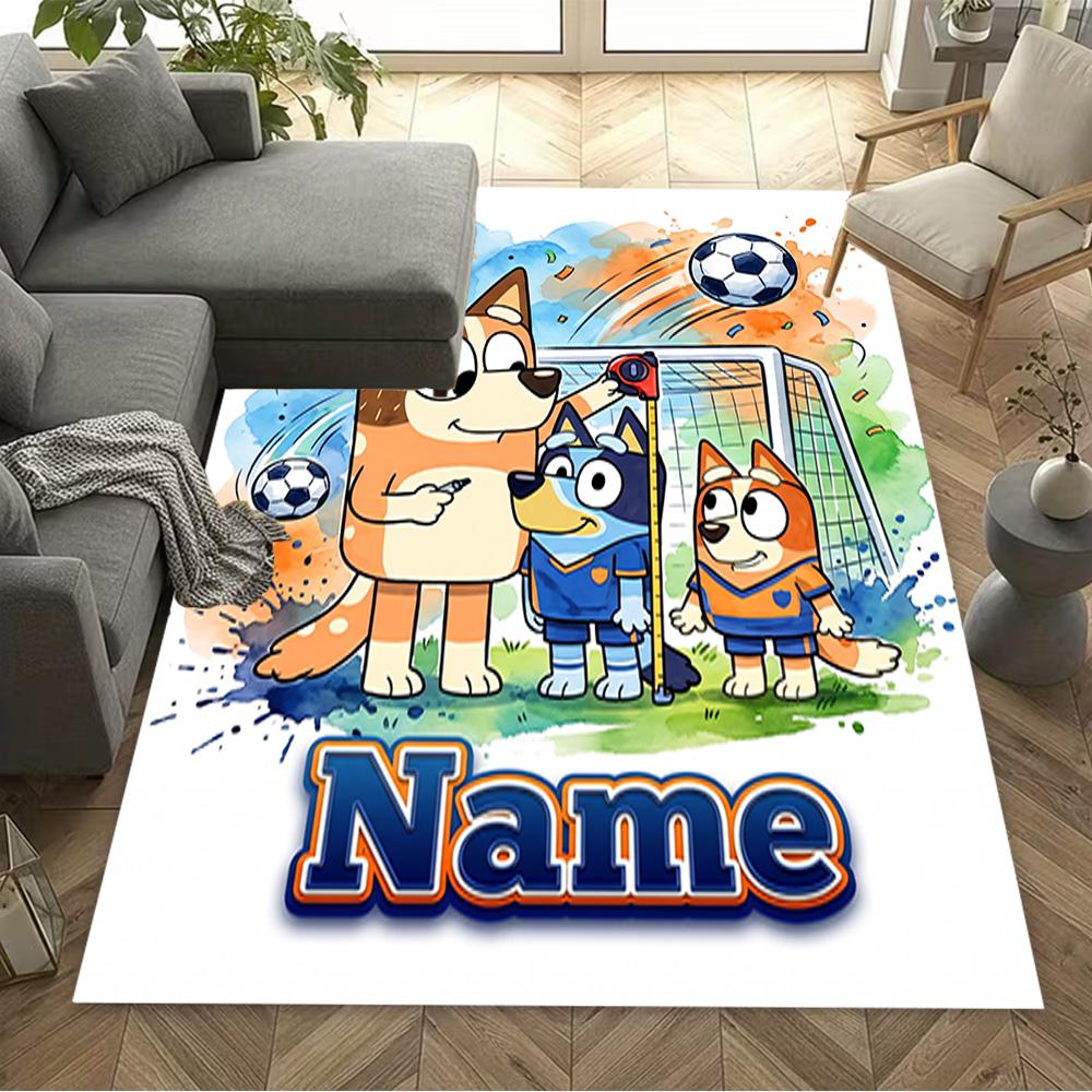 Bluey's Soccer Fun Customizable Name Carpet Design for Outdoor Balcony Hallway Decorate room Anti-slip Rug Anime Office Decor