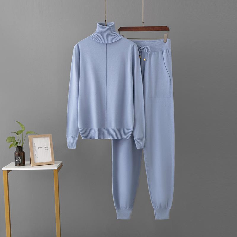 Candy Color Knitted 2 Piece Sets Women Turtleneck Knitwears Sweater Pullover Tops High Waist Casual Harem Pants Outfit