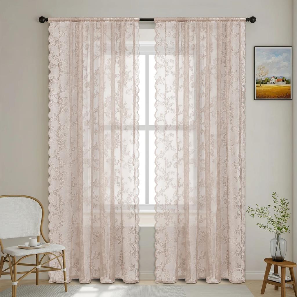 1pc Romantic Lace Sheer Curtain, Rod Pocket Flower Lace Window Curtains for Living Room Bedroom Home Decor, Window Screening