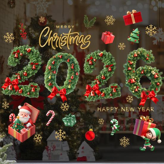 Christmas Window Cling Waterproof PVC Pine Needle Wreath Santa Claus Elf Gift Box Bell Static Glass Sticker Home Office Party Decoration Decal