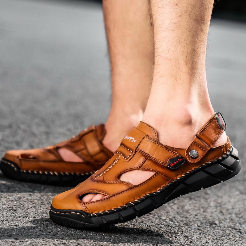 Hot Men Roman Sandals Genuine Leather Classics Black Sandals Non-Slip Rubber Sole Flat Beach Slides Slipper Man Plus Size38-48