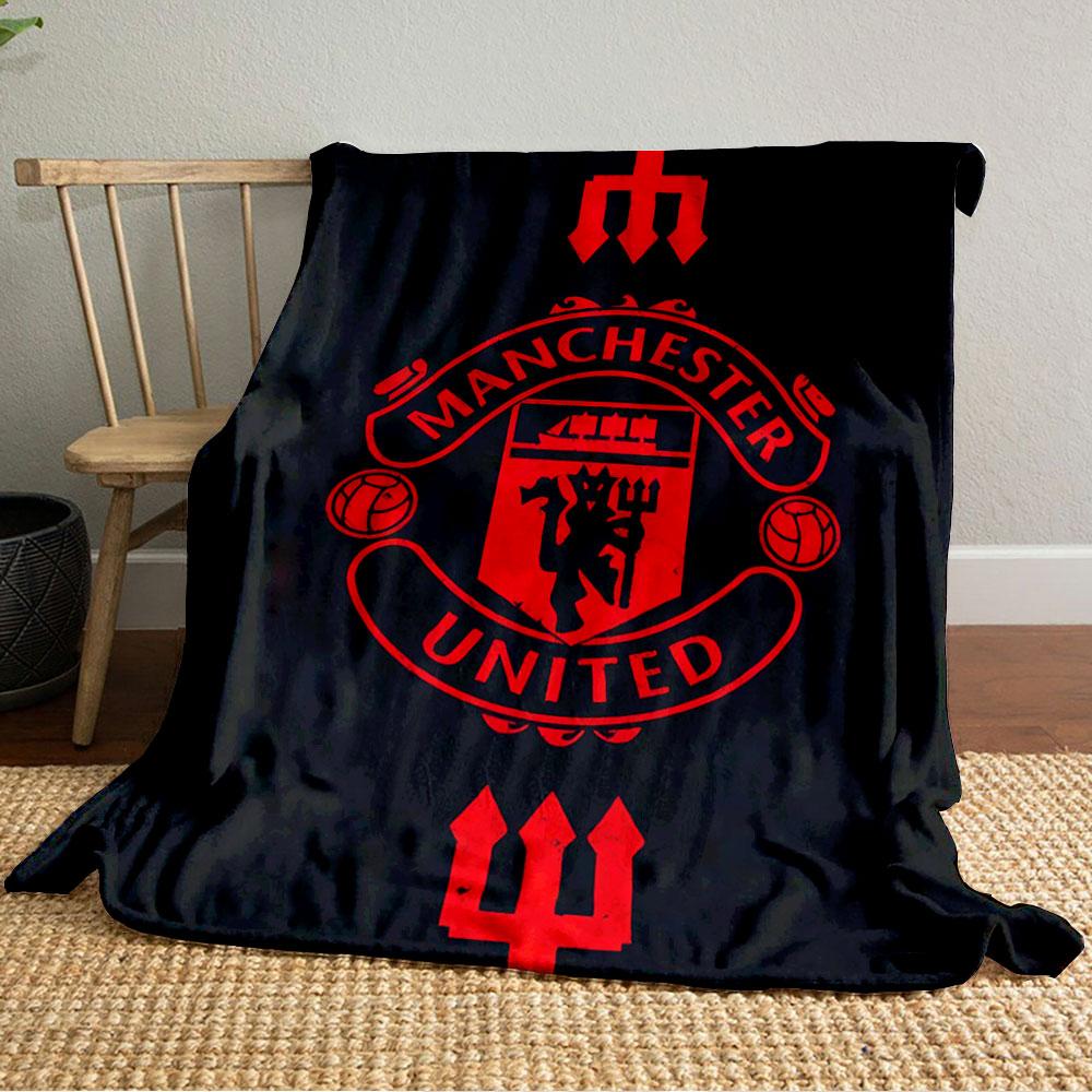 A Red Manchester United Emblem with Tridents On a Black Background. for All Seasons Blanket Lunch Break Throw Gift