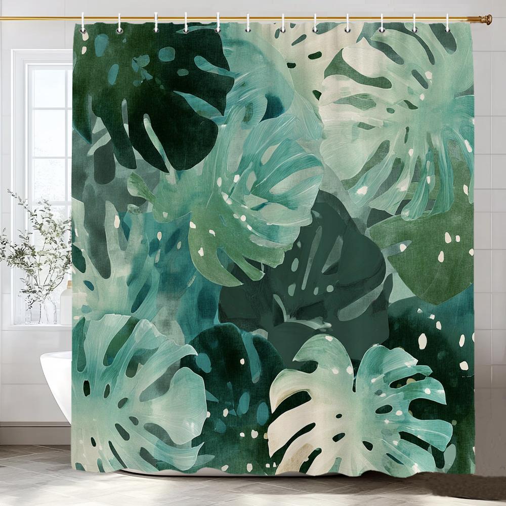 Green Plants And Leaves Tropical Leaf Shower Curtain, Bathroom Decorative Shower Curtain, Print Fabric Home Curtain With Hooks