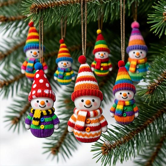 Wooden Snowman Ornaments Colorful Snowman Figurines with Pom-Pom Hats Christmas Tree Festive Holiday Decoration