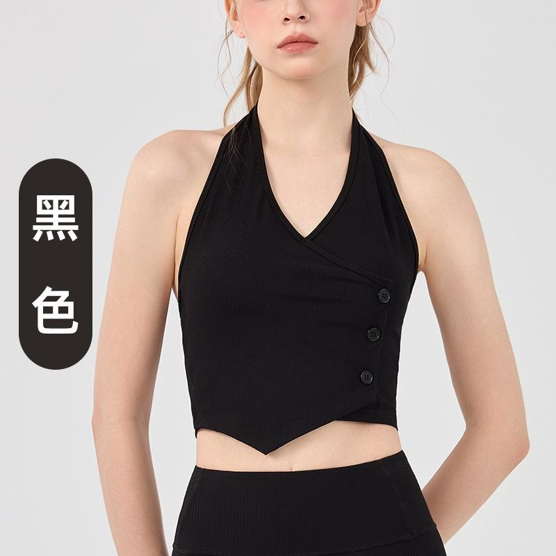 Neck yoga vest women with chest pads sexy gathering fitness bra women Pilates training sports underwear outer wear S чёрный