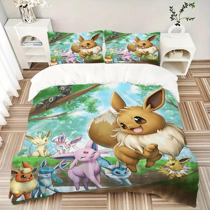 Eevee Family Adventure Print 3Pcs Bedding Setduvet Cover With 2 Bedropillowcase Home Birthday Gift